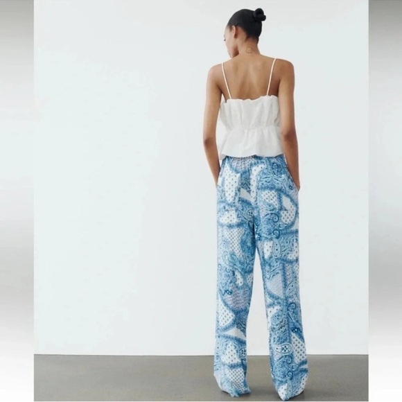 ZARA PAISLEY PRINT BLUE WHITE WIDE LEG PANTS - Picture 5 of 8